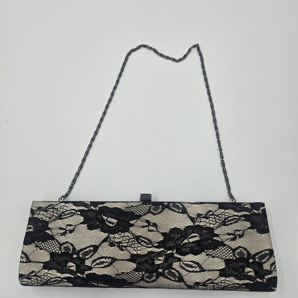 Jessica Mcclintock Black Floral Lace Overlay Cream Clutch Evening Bag Chainstrap